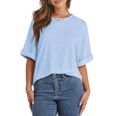 Imagem de MIROMIHO Camisetas femininas grandes de manga curta gola redonda verão camisetas casuais soltas básicas 2024 roupas modernas, Azul gelo, M