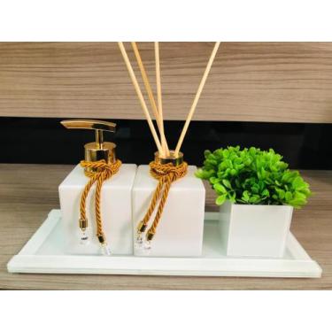 Imagem de Kit Lavabo 4 Peças Sabonete Difusor Bandeja Vasinho Branco Dourado - A