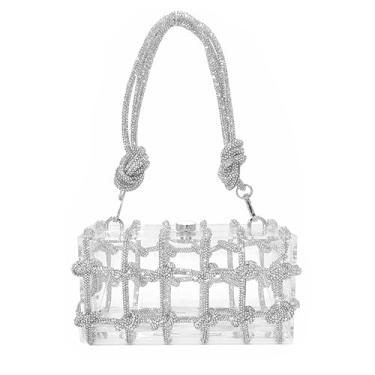 Imagem de DJBM Bolsa de mão transparente de acrílico brilhante com strass para noite com glíter, enfeitada com cristal, corda e nó para festa, formatura, Prata, A