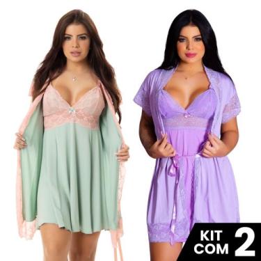 Imagem de Kit 2 Robes Roupão e 2 Camisolas Amamentação Pós Parto Liso Com Renda 