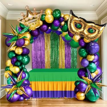 Imagem de Kit de arco de guirlanda de balões de carnaval, 130 peças, ouro verde roxo com balões de confete dourados, coroa de estrela de Mylar e balões de máscara de coroa para decorações de festa de