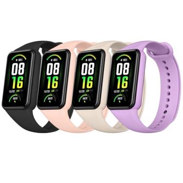 Imagem de Meliya Pulseiras para Amazfit Band 7, pacote com 4 pulseiras esportivas de silicone macio para Amazfit Band 7, monitor de fitness e saúde (preto + luz das estrelas + areia rosa + roxo lilás)