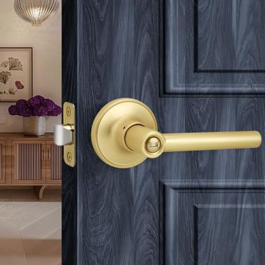 Imagem de LOQRON Maçaneta de porta estilo redondo com trava de privacidade, acabamento em latão acetinado