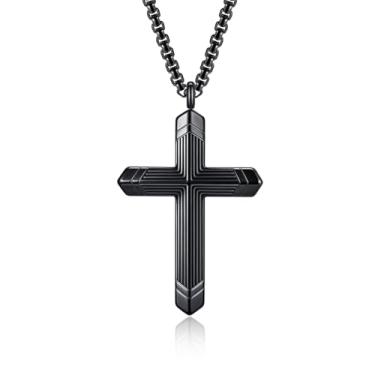 Imagem de FLHEART Colar de cruz de aço inoxidável para homens, corrente de colar de Jesus com pingente de cruz de ouro preto, não mancha, resistente para homens, joias cristãs, presentes para ele, confirmação