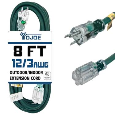 Imagem de yojoe Cabo De Extensão Para Ambientes Internos E Externos Com Ponta Iluminada, Alimentação 3 Pinos, 15 A, À Prova Intempéries, Calibre 12, Resistente, 2,4 M, Verde, Garagem, Jardim Casa, 12/3 Sjtw,