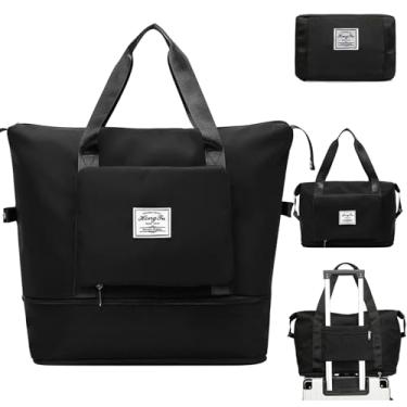 Imagem de Bolsa de viagem feminina para o fim de semana, bolsa esportiva para academia, impermeável, dobrável, Preto, Large, Dobrável