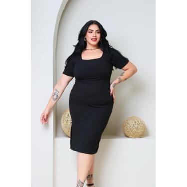 Imagem de vestido decote quadrado plus size canelado - Mar e Cel, Preto