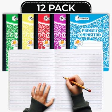 Imagem de Rosmonde Pacote com 12 cadernos de composição primária, 200 páginas (100 folhas), caderno de composição pautado primário para crianças, 24 x 19 cm, grau K-2, linhas pontilhadas, sortidas, cores podem