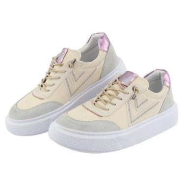Imagem de Tenis Casual Feminino Ajuste Cadarço Detalhe Costura Lateral Palmilha Gel Confortavel Leve Tamanho:35;Cor:Bege+Rosê;Gênero:Feminino;Departamento BS:Esporte