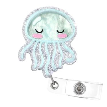 Imagem de Carretel de crachá fofo de água-viva com clipe giratório jacaré para identidade, carretel de crachá com glitter, clipe retrátil para RN LPN CNA enfermeira assistente médica equipe médica