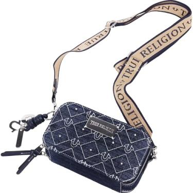 Imagem de True Religion Bolsa para câmera jeans cravejada, bolsa tiracolo acolchoada feminina, alça ajustável, jeans escuro