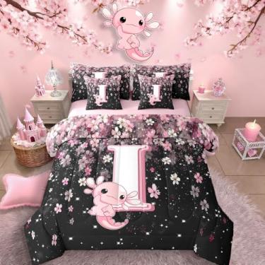 Imagem de Erosebridal Jogo de cama de flor de cerejeira japonesa (tamanho casal, 7 peças) lindo conjunto de edredom com axolote com inicial de axolote rosa para meninas adolescentes em uma bolsa com desenho de