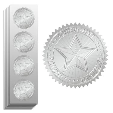 Imagem de Peacoblue Adesivo de folha de prata selo em relevo conquistas honras estrela 5 cm 100 peças para decoração de cartão de presente de Natal, selos de envelope, convite de festa de família, adesivos de