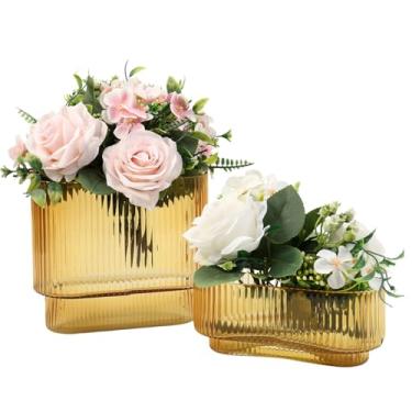 Imagem de YANWE1 Vasos curtos de vidro, conjunto de 2 vasos de vidro âmbar para tulipas, vaso canelado para flores, pequeno vaso moderno para sala de estar, sala de jantar, banheiro, mesa, prateleira, casamento