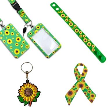 Imagem de Kit Identificação Girassol para Doenças Invisíveis, Verde e Amarelo, Cordão com Suporte para Crachá, Chaveiro, Pulseira e Adesivo, 5 Peças