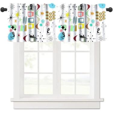 Imagem de Cortinas para janela de gato de meados do século, retrô, atômica, starburst, vintage, moderno, abstrato, geométrico, padrão, anos 50, 60, cortinas para quarto, sala de estar, cozinha, 137 x 45 cm