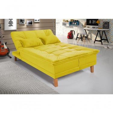 Imagem de Sofá Cama Berlim 3 Lugares Império Reclinável Pés Madeira Com Banqueta Espuma D33 Suede Amarelo 374