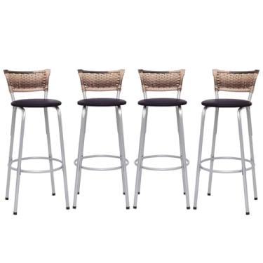 Imagem de Banqueta Altas Junco Cappuccino Estrutura Prata 70cm Para Balcão Cozinha, Bar, Bistrô, Americano Kit 04 Unidades - Itagold (Marrom Escuro)