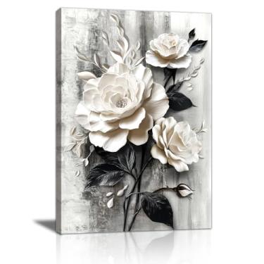 Imagem de WENGTIAO Arte de parede em tela rosa vintage moderna preto e branco floral pôster abstrato flores desabrochando pintura elegante para sala de estar quarto banheiro escritório 30 x 40 cm