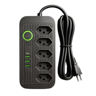 Imagem de Extensão Tomada, Régua Tomada, Régua de Energia, 5 Tomadas, 3 Interfaces USB, 1 Porta USB Tipo-C, Cabo de Alimentação de 2 metros, Suporte a Tensão de 110-220V, Potência de 2500W (Preto)