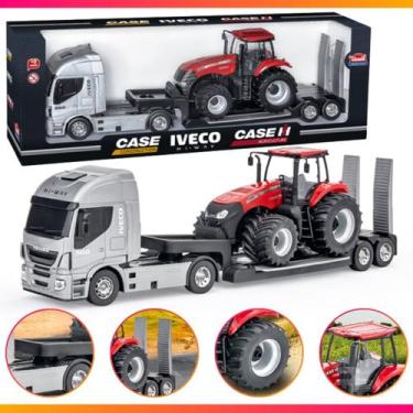 Imagem de Caminhão De Brinquedo Iveco Plataforma Com Trator Case Menino Pneu Emb