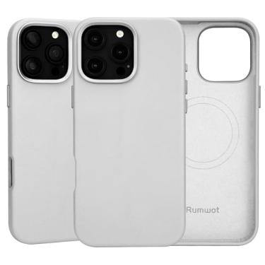 Imagem de Rumwot Capa de couro para iPhone 16 Pro Max cinza e branco | Couro genuíno de flor integral | Compatível com MagSafe e carregamento sem fio | Botões metálicos moldura da câmera | Ajuste fino | Drop