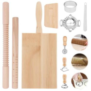 Imagem de Conjunto de 10 ferramentas para fazer massas, máquina de ravioli com roda de rolo, conjunto de moldes de ravioli de madeira, rolo roscado e de medição, placa de nhoque, raspador de massa, bandeja