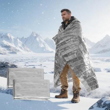 Imagem de Cobertor térmico de emergência, 2 peças, cobertor espacial de filme de alumínio refletivo para acampamento, caminhada, equipamento de sobrevivência, folha de isolamento dobrável leve prata (210 x 140
