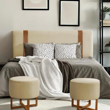 Imagem de Cabeceira Casal Estofada Zeus 140cm Com Cintos De Couro Veludo Bege