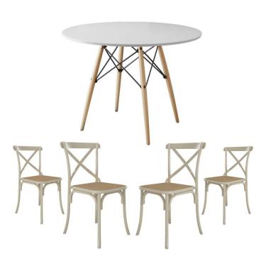 Imagem de Conjunto De Mesa Eiffel Redondo Tampo De Madeira 90Cm Branco Com 4 Cadeiras Katrina Off White