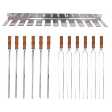 Imagem de porta espeto c/12 espetos espada e duplo 80cm cabo madeira - INOX LAUR