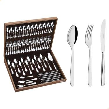 Imagem de Faqueiro Tramontina Cannes Em Aço Inox Facas De Mesa Forjadas Estojo De Madeira 76 Peças 66979300