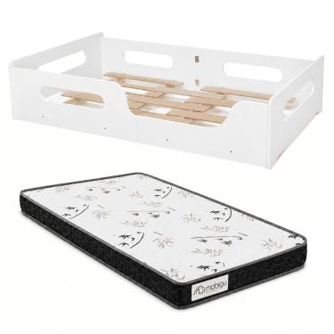 Imagem de Cama Montessori Solteiro Infantil 100% MDF Com Colchão 10cm e Grade Proteção