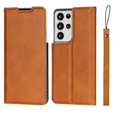 Imagem de Capa carteira para Samsung Galaxy S21/S21 Plus/S21 Ultra, capa magnética flip de couro com alça de pulso e compartimento para cartão com proteção de TPU absorvente de choque, marrom, S21 de 6,2 polegadas
