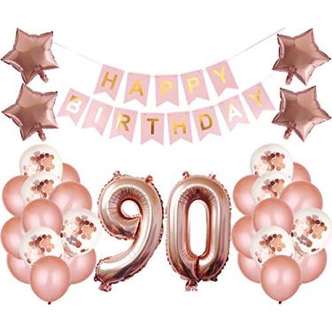 Imagem de Kit de decoração de festa de aniversário de 90 anos Banner de feliz aniversário com número 90 balões de aniversário para suprimentos de festa de aniversário 90 anos em ouro rosa