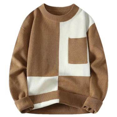 Imagem de KANG POWER Suéteres masculinos de malha stretch designer patchworked pulôver de lã macio suéter malha roupas, 8056 cáqui, X-Small