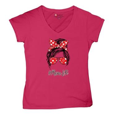 Imagem de Camiseta feminina Mom Life Messy Bun gola V moderna maternidade maternidade dia das mães mãe mamãe #Momlife camiseta, Rosa choque, M