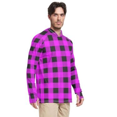 Imagem de Moletom masculino com capuz de manga comprida com proteção solar xadrez FPS 50 + camisetas masculinas com capuz UV Rashguard para homens, Xadrez roxo, P