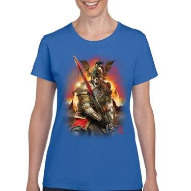 Imagem de Camiseta Apocalypse Reaper Fantasia Esqueleto Cavaleiro com Espada Medieval Criatura Lendária Dragão Mago Camiseta Feminina, Azul, GG