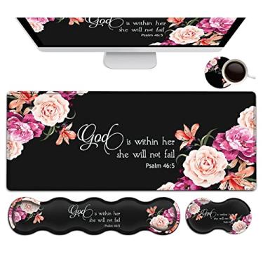 Imagem de Mouse pad grande com conjunto de suporte de pulso, teclado de espuma de memória + tapete de mouse para jogos estendido 2GG + tapete de pulso ergonômico, flor de peônia salmo 46:5, tapete de mesa de escritório para mulheres e homens, mousepad para jogos