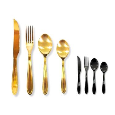 Imagem de Kit Faqueiro Talher De 24 Peças Inox Dourado E Preto Luxuoso Mesa Posta Colher Garfo Faca Premium Presente Casamento Enxoval Utensílio Cozinha Restaurante Buffet (DOURADO)