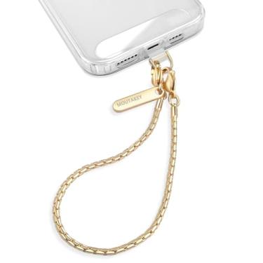 Imagem de MOUTAKEY Alça de pulso para celular, corrente de metal, alça removível para iPhone, cordão de pulso com 2 abas de amarração, pulseira de pingente de iPhone para mulheres, meninas, compras, viagens