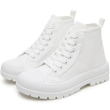 Imagem de Rominz Tênis feminino com plataforma branca, moderno, cano alto, tênis de lona com cadarço preto e plataforma casual, Branco, 34