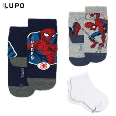 Imagem de Meia infantil Homem Aranha cano curto Lupo kit 3 pares, Branco, 24 a 2