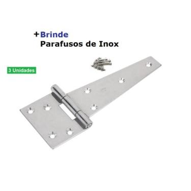 Imagem de Kit 3 Dobradiça Leme Aço Inox Porteira Portão Madeira Triangulo 75x150