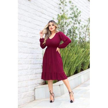 Imagem de Vestido Mídi Manga Longa Com Lastex Na Cintura Saia Babado - Luh May, 