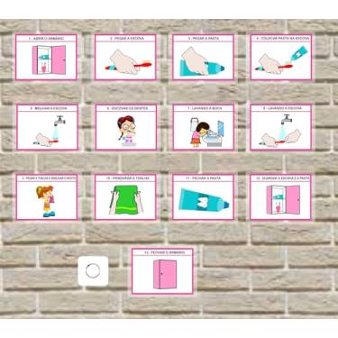 Imagem de Cards Educativo Infantil, Rotina de Higiene Bucal para Menina, Passo a Passo para Escovar os Dentes, 13 Etapas Ilustradas, 9 cm x 12 cm e com Argola Articulável