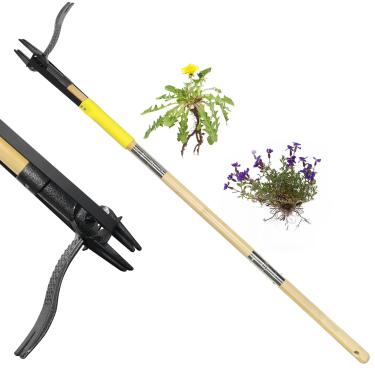 Imagem de Extrator de ervas daninhas amarelo de 4 garras com cabo longo, ferramenta de remoção de ervas daninhas de jardim resistente de 111 cm - técnica de remoção de ervas daninhas dupla, ferramenta de
