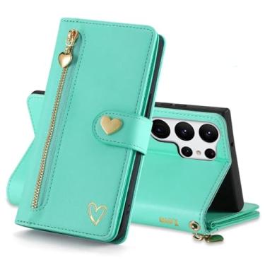 Imagem de HJZSZX Para Samsung S23 Cordão Couro Zip Carteira Cartão Capa de Telefone Flip Suporte Capa (Para Samsung S23/Verde Claro)