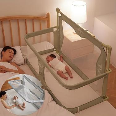 Imagem de Berços de cabeceira 3 em 1, cama de dormir para bebê, para codorminhoco para bebê na cama, berço portátil, janela de malha respirável e visível, capa de forro macio lavável e liga de alumínio